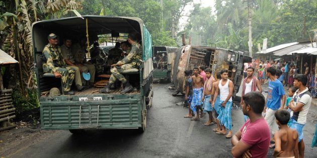 Heavy Police and Paramilitary deployment in Baduria after protests over an objectionable social media post on July 5, 2017 in North 24 Parganas, India.