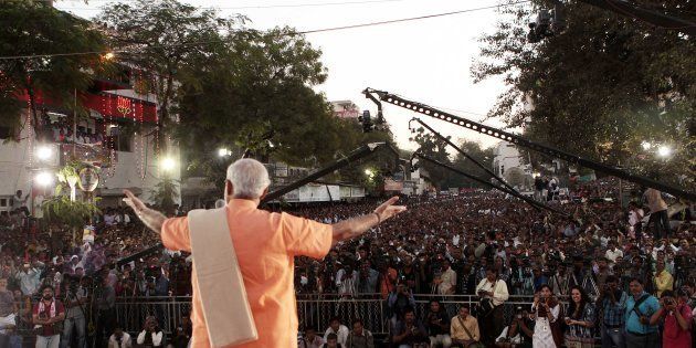December 2012: Narendra Modi victory meeting at the BJP office in Ahmedabad, Gujarat. (Photo by Mahendra Parikh/Hindustan Times via Getty Images)