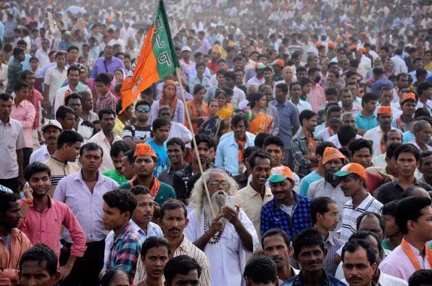 March 10, 2017: Supporters of the Bharatiya Janata Party (BJP) attend a mass protest rally against the murder of senior BJP leader Chan Mohan Tripura in Agartala.