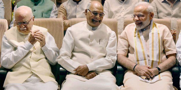 Presidential candidate Ram Nath Kovind along with Prime Minister Narendra Modi and BJP Senior leader LK Advani at NDA meeting in New Delhi on Sunday.
