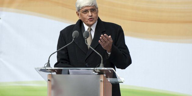 Gandhi's grandson, Shri Gopalkrishna Gandhi delivers a speech during a ceremony unveiling a statue of Mahatma Gandhi in Parliament square in central London on March 14, 2015.