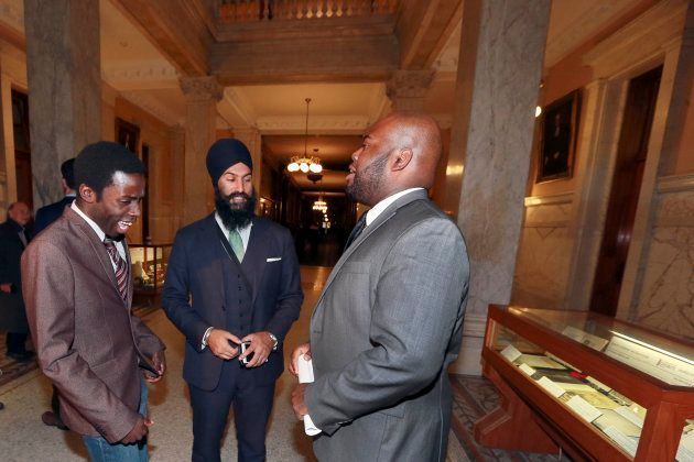 Journalist Demond Cole, left, then-deputy Ontario NDP leader Jagmeet Singh, centre, and African Canadian Legal Clinic lawyer Anthony Morgan in the halls of Ontario legislative building on Oct. 28, 2015.