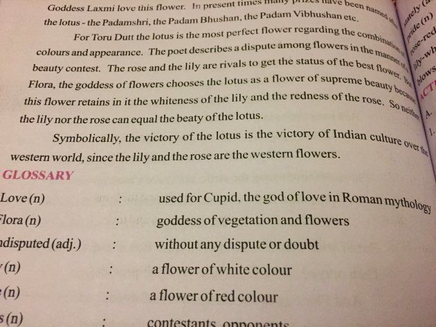 The Class 10 English textbook of the Rajasthan Board says "the victory of the lotus as the victory of Indian culture."
