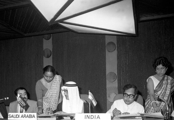 PD:PKK/August, 1983, 13/A63(13) The Finance Minister, Shri Pranab Mukherjee, and Minister of Finance and National Economy of the Kingdom of Saudi Arabia, Sheikh Mohammed Aba Al-Khail, signing an Indo-Saudi Arabia agreement for a credit assistances worth 30 crore rupees for Indiaï¿½s Korapur-Rayagada Railway Line Project, in New Delhi on August 11, 1983.