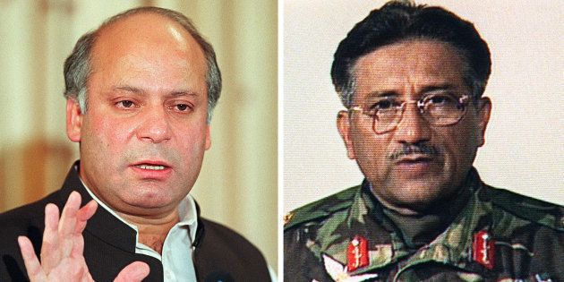 (FILES) In this combination of file pictures created on July , 17, 2009, shows then Pakistani Prime Minister Nawaz Sharif (L) gestures as he addresses a press conference at his residence in Islamabad on October 8, 1999 and a TV frame grab of then Pakistani army chief General Pervez Musharraf (R) addresses the nation via television from Islamabad on October 13, 2009.