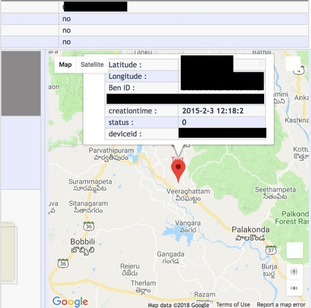 A screenshot revealing the precise latitude and longitude of a particular beneficiary's home in Andhra Pradesh