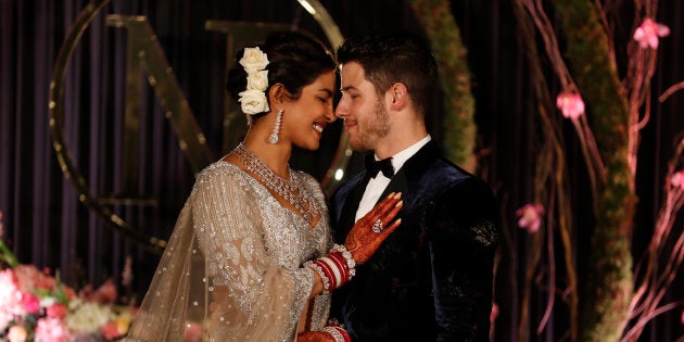 Priyanka Chopra and Nick Jonas at their wedding reception in New Delhi, India on Tuesday.