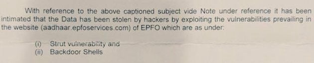 An excerpt of a secret letter dated 23 March 2018 revealing details of a security breach in an Aadhaar-seeding portal maintained by the Ministry of Electronics and Information Technology