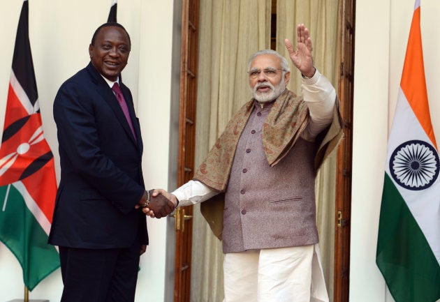 The Prime Minister, Shri Narendra Modi with the President of Kenya, Mr. Uhuru Kenyatta at Hyderabad House, in New Delhi.