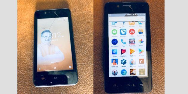 (From left) Pictures of a phone distributed under the scheme showing the CM's photo as wallpaper; the NaMo and Raman apps on the phone.