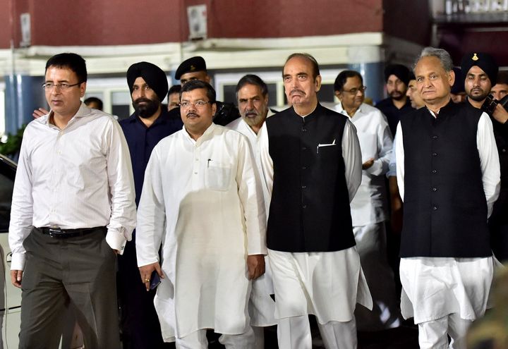 New Delhi: Congress leaders P Chidambaram, Ashok Gehlot, Ghulam Nabi Azad, Mukul Wasnik and Anand Sharma coming out of the Election Commission of India, in New Delhi on Tuesday. A delegation of senior Congress leaders met the election commission over RS polls in Gujarat. PTI Photo by Kamal Kishore (PTI8_8_2017_000150B)