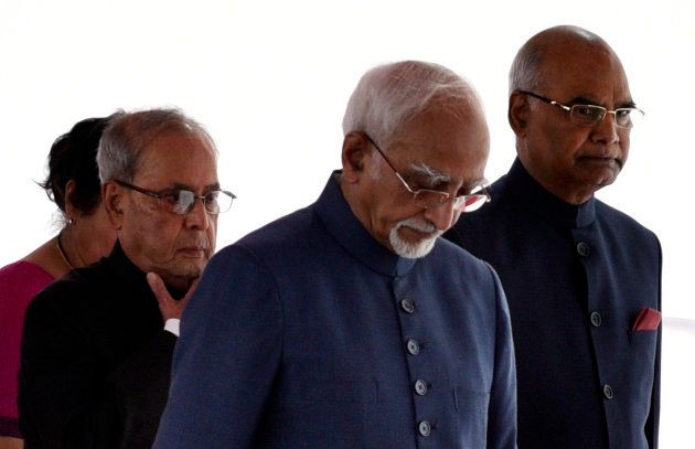 President Pranab Mukherjee, President-elect Ram Nath Kovind and Vice President Hamid Ansari in a ceremonial procession at Parliament House for the swearing-in ceremony of the 14th President of India, on July 25, 2017 in New Delhi.