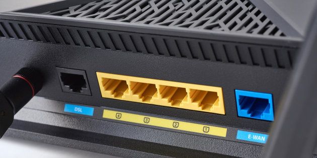 Detail of the ethernet ports on a Wi-Fi router.