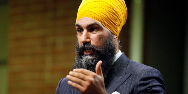 Jagmeet Singh gestures during an NDP leadership debate hosted by HuffPost Canada on Sept. 27, 2017.
