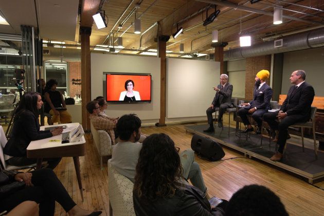 NDP leadership candidates Charlie Angus, Jagmeet Singh, Guy Caron and Niki Ashton participate in a debate hosted by HuffPost Canada in Toronto on Sept. 27, 2017. Ashton joined via Skype from Ottawa for the event, moderated by HuffPostâs Ottawa bureau chief Althia Raj.