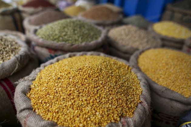 Split pigeon peas are displayed for sale in a store at a local market in Hyderabad, India, on Saturday, July 9, 2016.