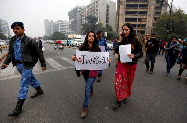 Women take part in the #IWillGoOut rally, organized to show solidarity with the Women's March in Washington, along a street in New Delhi, India January 21, 2017.
