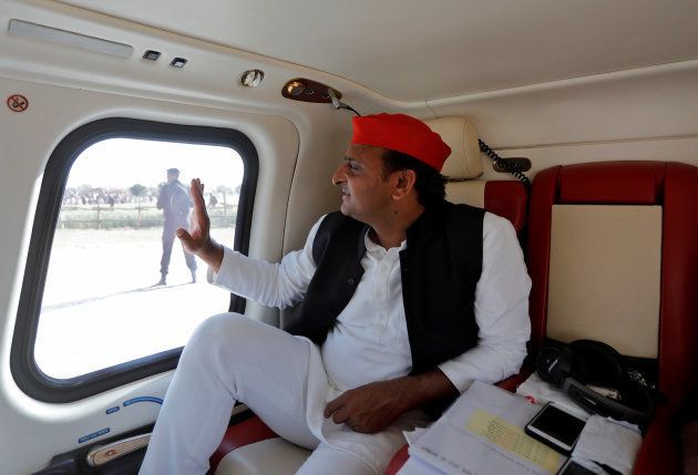 Akhilesh Yadav, Chief Minister of the northern state of Uttar Pradesh and Samajwadi Party (SP) President, waves to his supporters as he arrives for an election campaign rally in Jaunpur, India March 6, 2017.