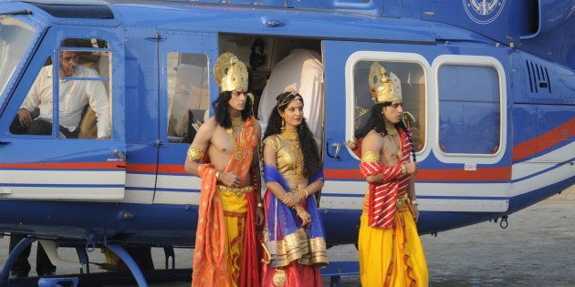 Uttar Pradesh CM Yogi Adityanath welcomes Artistes dressed up as Lord Rama, Sita and Lakshman who arrived by a chopper for Deepotsav celebrations.