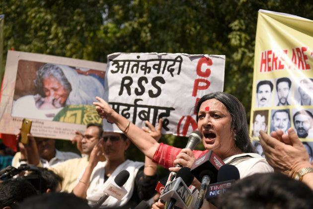 Communist Party of India, CPI(M), organises a demonstration at the BJP Headquarters to protest against RSS-BJP violence against CPI(M) cadres and supporters in Kerala, on October 9, 2017 in New Delhi, India.