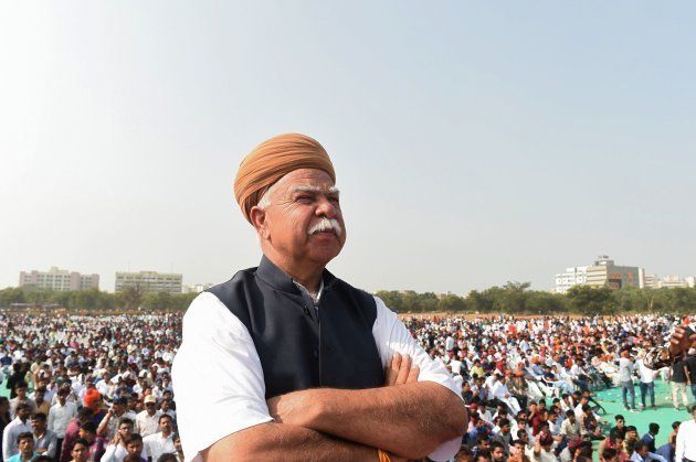 Founder of Rajput Karni caste organisation Sena Lokendra Singh Kalvi looks on as he attends a protest rally in Gandhinagar, some 30kms from Ahmedabad on November 12, 2017.