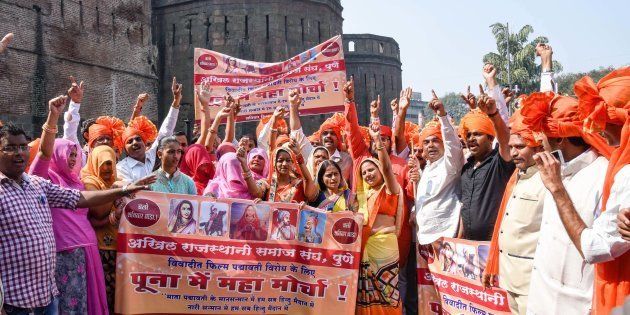 Members of Akhil Rajasthani Samaj Sangh, protest for banning a movie Padmavati at Shanivar Wada, on November 25, 2017 in Pune, India.