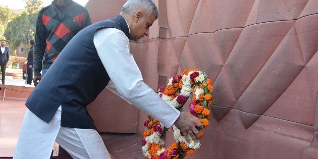 London Mayor Sadiq Khan lays a wreath to martyrs at Jallianwala Bagh, on December 6, 2017 in Amritsar, India.