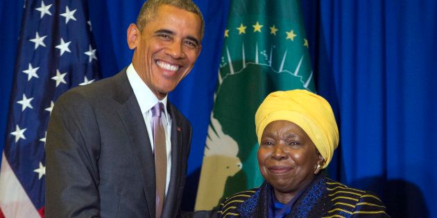 U.S. President Barack Obama, left, shakes hands during a bilateral meeting with African Union Commission chairperson, Dr. Nkosazana Dlamini Zuma, at the African Union, Tuesday, July 28, 2015, in Addis Ababa, Ethiopia. On the final day of his African trip, Obama is focusing on economic opportunities and African security. (AP Photo/Evan Vucci)