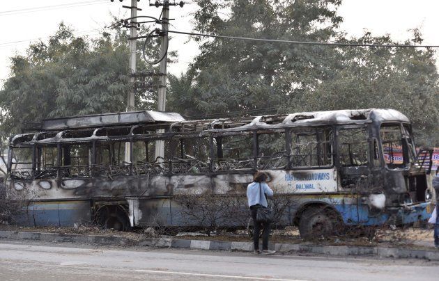 Haryana Roadways bus that was set on fire today near village Bhondsi allegedly by activists of Karni Sena, who were protesting against the release of film Padmaavat on January 24, 2018 in Gurgaon, India.
