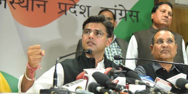 State Party President Sachin Pilot along with leader of opposition Rameshwar Dudy and other office bearers celebrate the win of party candidates in two Lok Sabha and one Assembly bypoll elections, at State congress office, on February 1, 2018 in Jaipur, India.