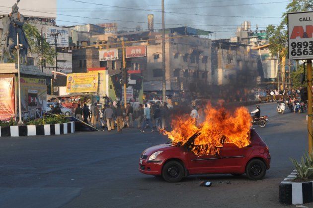 A car set on fire allegedly by Karni Sena to protest release of Bollywood film Padmavat on January 24, 2018 in Bhopal, India.