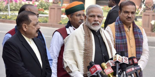 Prime Minister Narendra Modi with Parliamentary affairs ministers addresses the media on the first day of the 2018 Budget Session of Parliament, on January 29, 2018 in New Delhi, India.