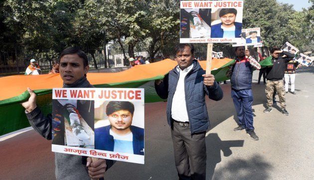 Activists of Azad Hind Fauj protest against the killing of Chandan Gupta in Uttar Pradesh's Kasganj district, at Samta Sathal, on February 4, 2018 in New Delhi, India.