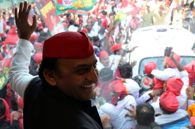 Samajwadi Party's national president Akhilesh Yadav during his road show for the by poll of Phulpur Lok Sabha seat in Allahabad on March 9,2018 .