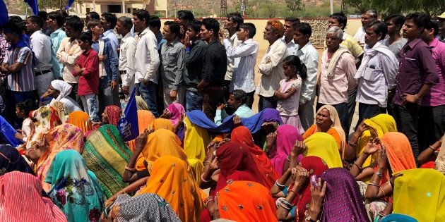 People belonging to the Dalit community take part in a nationwide strike called by several Dalit organisations, in Kasba Bonli, Rajasthan.