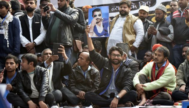 Youth leaders Jignesh Mevani, Akhil Gogoi and Kanhaiya Kumar at a rally to release Chandrashekhar Azad Ravan on January 9, 2018 in New Delhi.