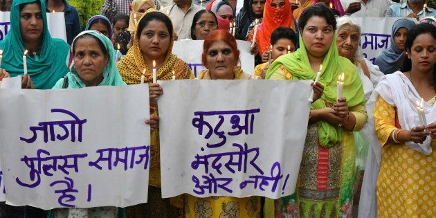 Muslim women take part in a protest against the rapes in Mandsaur and Kathua in Bhopal on July 1.