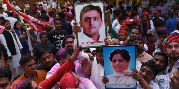 Samajwadi Party workers celebrating their party's victory in Gorakhpur and Phulpur Lok Sabha by-poll at party headquarters, on March 14, 2018 in Lucknow, India.