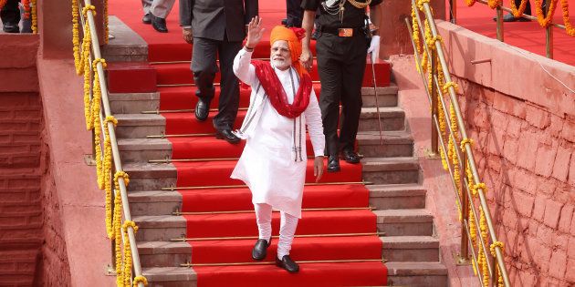 Indian Prime Minister Narendra Modi waves as he leaves after addressing the nation during Independence Day celebrations at the historic Red Fort in Delhi, India, August 15, 2018. REUTERS/Adnan Abidi