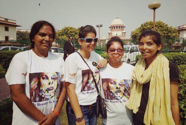 The survivors in front of the Supreme Court in New Delhi.