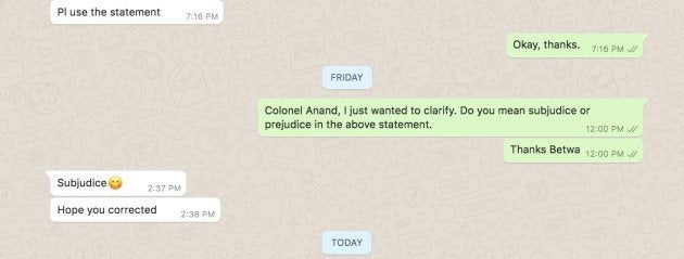 Screenshot of the response from the Indian Army.