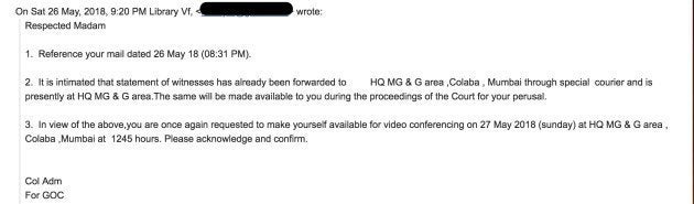 Complainant's email pleading with the army for the accused's statement.