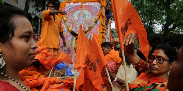 Women activists and supporters of BJP during a Ram Navami procession in Kolkata in March.