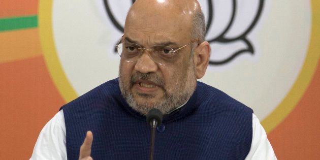 India's ruling Bharatiya Janata Party (BJP) President Amit Shah speaks at a press conference in Hyderabad, India.