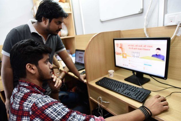 NEW DELHI, INDIA - APRIL 14: Employees of BJP work at the IT cell at BJP office, on April 14, 2017 in New Delhi, India. (Photo by Burhaan Kinu/Hindustan Times via Getty Images)