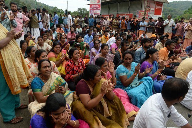 Activists block the road to the Sabarimala Temple in Pathanamthitta in October. In the silence or the raucous assent many women offer Hindutva violence, we see them 'accumulating self-erasure', as yet another way of presenting themselves as moral subjects and gaining some attention.