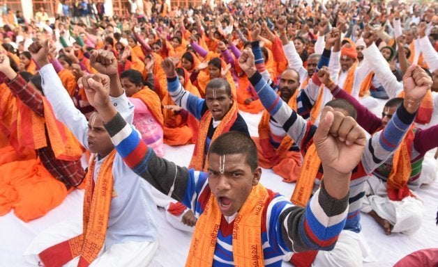 VHP saints taking part in Hindu Swabhiman Sammelan to mark 25th anniversary of Babri Masjid demolition, on December 6, 2017 in Ayodhya.