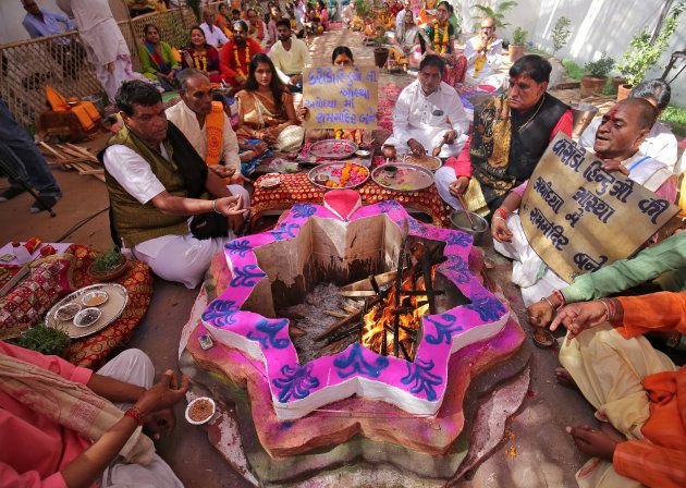 People perform "havan" as part of a special prayer for the construction of the Ram temple in Ayodhya.