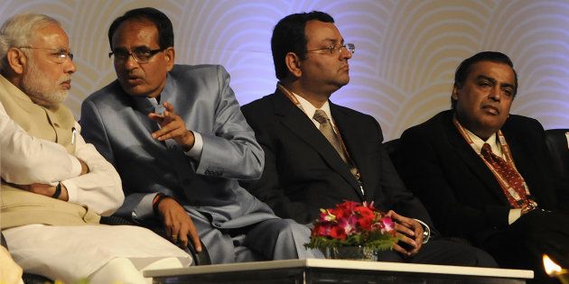 (From left) Prime Minister Narendra Modi, Madhya Pradesh Chief Minister Shivraj Singh Chouhan, former Tata group chairman Cyrus Mistry and Reliance Group Chairman Mukesh Ambani at the Global Investors Summit, 2014. The letter was written ten days before the summit.