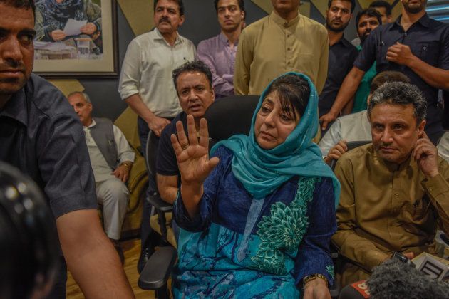 Mehbooba Mufti of the People's Democratic Party addresses media persons after the ruling Bharatiya Janata Party ended its alliance with People's Democratic Party in Jammu and Kashmir on June 19, 2018 in Srinagar.